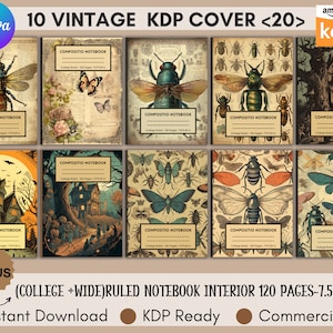 May include: A collection of ten vintage KDP cover designs featuring insect and haunted house illustrations. Each notebook cover includes the text "COMPOSITIO NOTEBOOK" and the dimensions "7.5*9.25 in". The covers are available for instant download and commercial use.