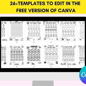 May include: A computer screen displaying a Canva design template with 26+ templates to edit in the free version of Canva. The templates are black and white and feature various images, including houses, cars, graduation caps, and Christmas ornaments.