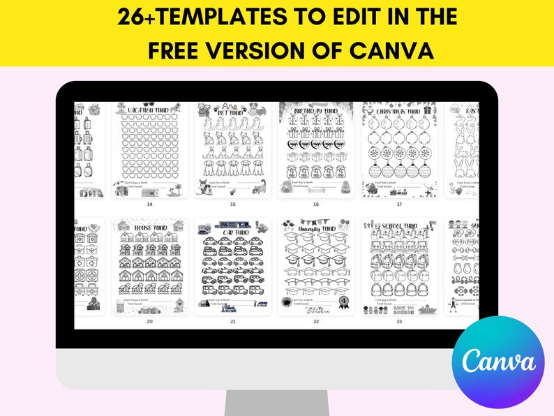 May include: A computer screen displaying a Canva design template with 26+ templates to edit in the free version of Canva. The templates are black and white and feature various images, including houses, cars, graduation caps, and Christmas ornaments.