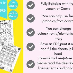 May include: A digital printable set of 26+ graduation themed sheets that can be edited in Canva. The sheets feature a graduation cap design and the text "University Fund". The image also includes a checkmark icon and the text "Fully Editable with free version of Canva".