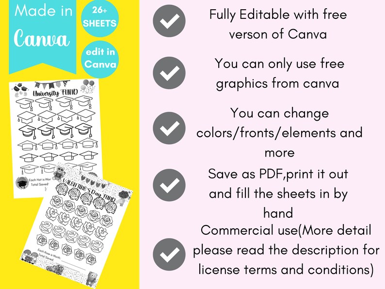 May include: A digital printable set of 26+ graduation themed sheets that can be edited in Canva. The sheets feature a graduation cap design and the text "University Fund". The image also includes a checkmark icon and the text "Fully Editable with free version of Canva".