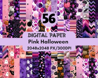 56 Pink Halloween Digital Papers:Spooky Ghost Pumpkin Pattern,Purple Bat Scrapbook Paper