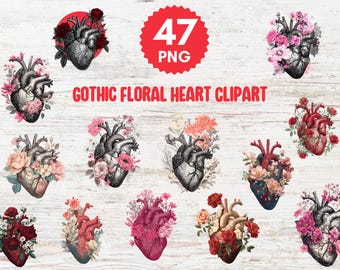 47 Gothic Blumen Herz Clipart, anatomische Valentinstag Illustrationen, digitale Illustrationen PNG