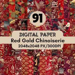 91 Red Gold Chinoiserie Digital Paper,Asian Background Chinese Backdrop,Toile Journal,Fabric Oriental,Geisha Wallpaper