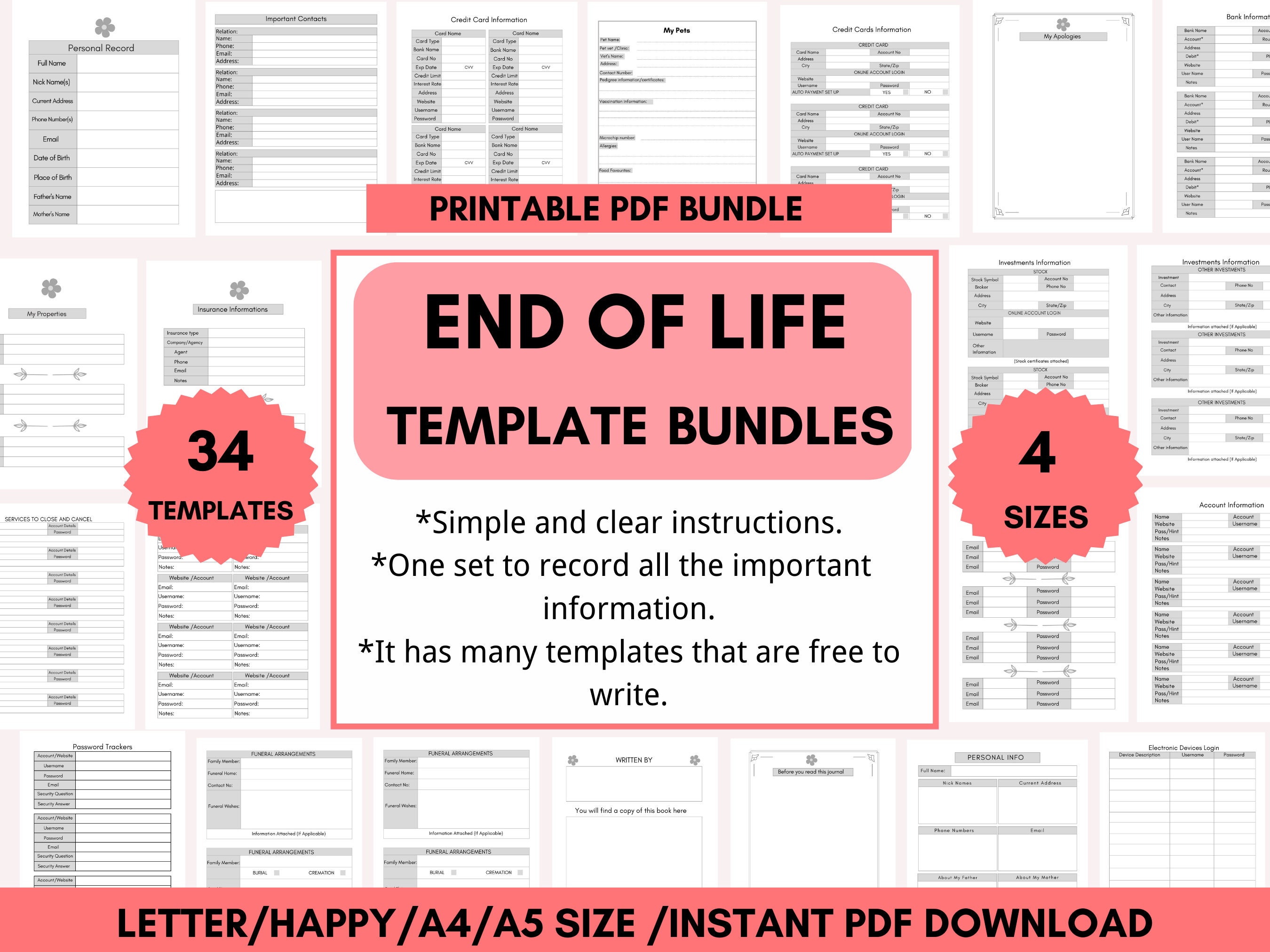 End of Life Planner, Final Wishes Planner, What If Emergency Binder 8x11  inch pages size Legacy Planner Funeral Planner Estate Planning Organizer,  PDF