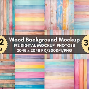 May include: A collection of 192 digital wood background images. The images feature a variety of colorful wood planks in various shades of blue, green, yellow, pink, and purple. The images are 2048 x 2048 pixels and 300 DPI.