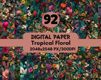 Tropical Floral Digital Paper Pack: Botanical Scrapbooking Backgrounds (92 PNG Files, 300 DPI)