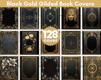 128 Black & Gold Gilded Book Covers: Printable Vintage Designs (PNG)