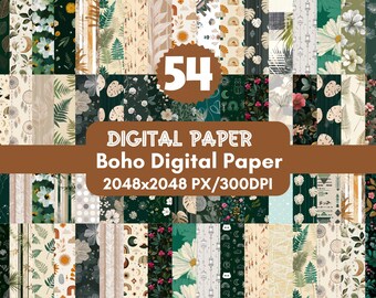 54 Boho Digital Paper Pack: Bohemian Scrapbook Patterns (PNG Files)