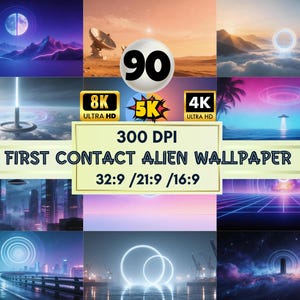 May include: A collection of digital wallpapers with a science fiction theme. The images feature futuristic landscapes, alien encounters, and neon lighting. The text reads "FIRST CONTACT ALIEN WALLPAPER" with resolution details like 8K, 5K, and 4K.