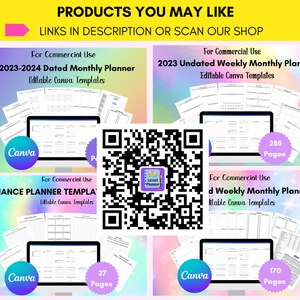 May include: Four digital planner templates for Canva. The templates are for a 2023-2024 dated monthly planner, an undated weekly monthly planner, a finance planner, and a weekly monthly planner. Each template has a QR code and a Canva logo. The templates are for commercial use.