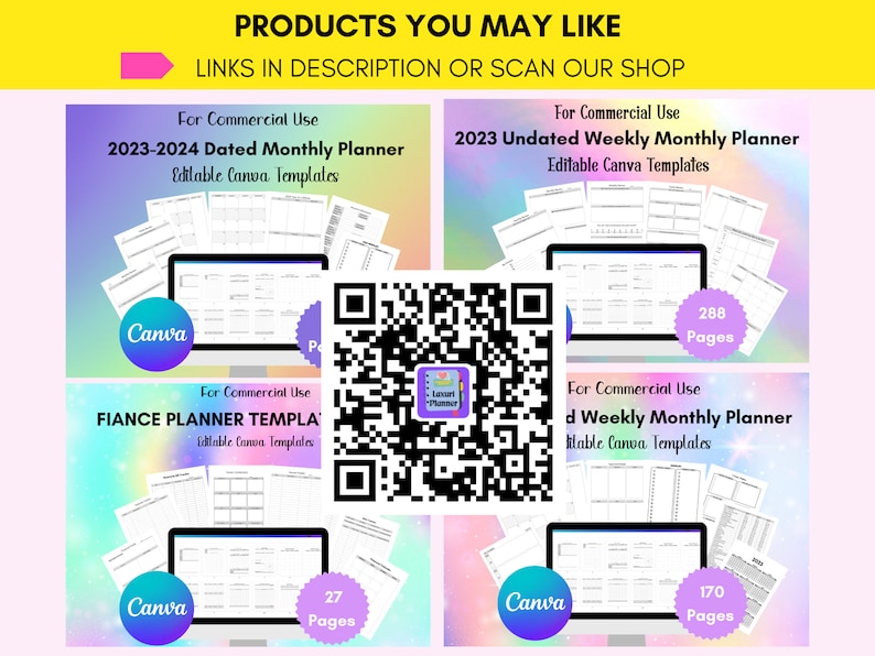 May include: Four digital planner templates for Canva. The templates are for a 2023-2024 dated monthly planner, an undated weekly monthly planner, a finance planner, and a weekly monthly planner. Each template has a QR code and a Canva logo. The templates are for commercial use.