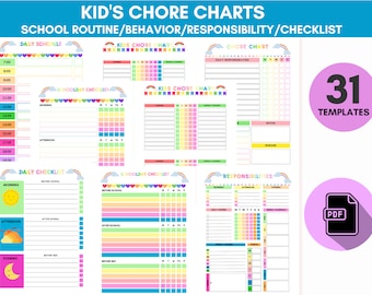 Peut inclure: Un ensemble de 31 tableaux de corvées imprimables pour les enfants. Les tableaux présentent des arcs-en-ciel, des cœurs et des étoiles colorés. Ils sont conçus pour aider les enfants à développer de bonnes habitudes et des routines. Les tableaux comprennent des sections pour les horaires quotidiens, les listes de contrôle des journées scolaires et les responsabilités.