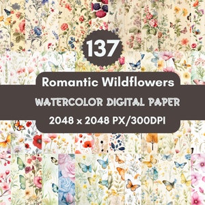 137 Romantic Wildflowers Printable Paper,Seamless Shabby Chic Paper,Butterflies Flower Junk Journal Paper