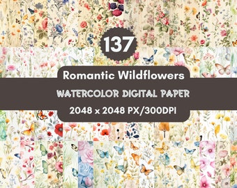 137 Romantic Wildflowers Digital Paper: Shabby Chic Junk Journal (PNG Files)