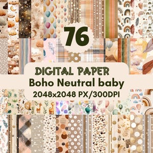 76 Boho Neutral baby Digital Paper,Boho Baby Nursery Ephemera,New Baby Shower Junk Journal, Scrapbooking