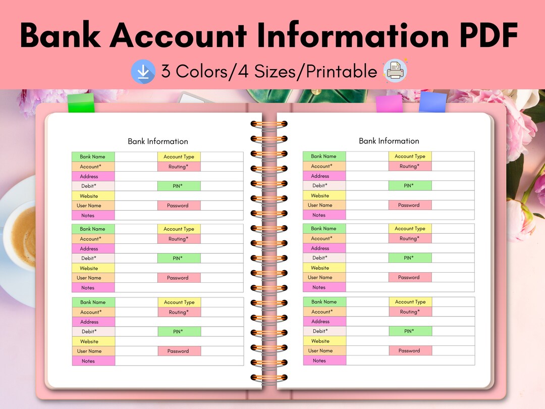 Bank Account Information Printable printable PDF Finance - Etsy