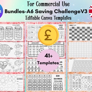 Editable A6 Savings Challenge Canva Templates UK SHEETS,A6 Savings Challenge Trackers,A6 Binder Inserts,A6 Cash Envelopes