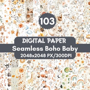 103  Boho Baby Digital Paper,Watercolour Neutral Tones Repeating Patterns With Baby Motifs and Florals