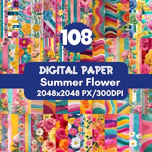 108 Summer Flower Digital Papers, Spring Floral Watercolor Scrapbook Paper, Bright Flower Backgrounds