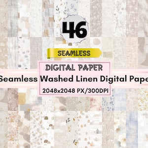 May include: A collection of 46 seamless digital paper designs with a washed linen texture. The color palette includes soft blues, beige, and muted earth tones. The image includes text that reads "Seamless Washed Linen Digital Paper 2048x2048 PX/300DPI".