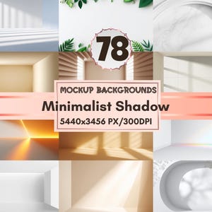 Puede incluir: Una colección de fondos de maqueta de sombras minimalistas. La imagen presenta varias escenas interiores y exteriores con luz natural y sombras. El texto de la imagen dice "Mockup Backgrounds Minimalist Shadow 5440x3456 PX/300DPI".