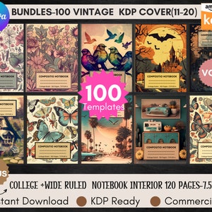 100 Editable Vintage KDP Cover Template,Retro Notebook Cover,Composition Notebook Cover Design