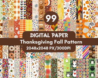 May include: A set of 99 digital papers featuring Thanksgiving and fall patterns. The papers are 2048x2048 pixels and 300 DPI. The patterns include pumpkins, leaves, donuts, plaid, and more.