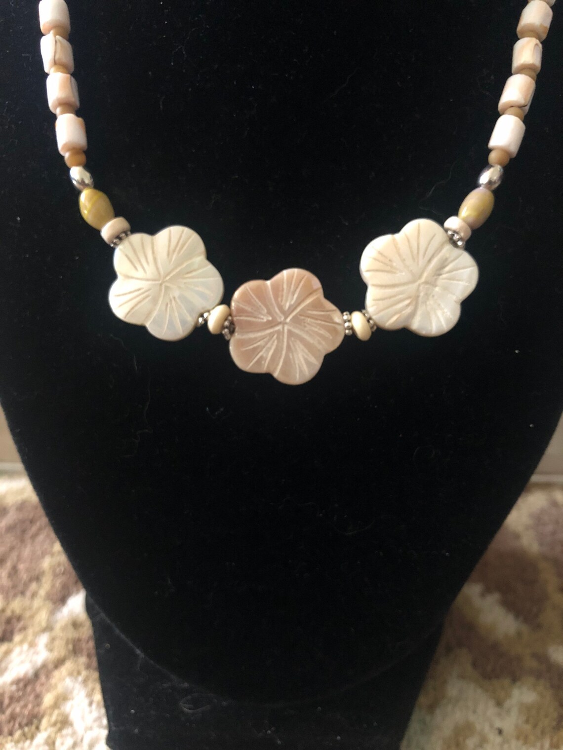 Beaded Mother of Pearl Flower Choker Etsy