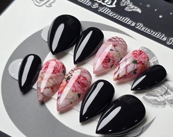 Gothic Snake Print Press On Nails, Romantic Rose False Nails, Reusable Witchy Set