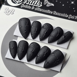Gothic Black Celestial Press On Nails: Moon and Stars Reusable False Nails
