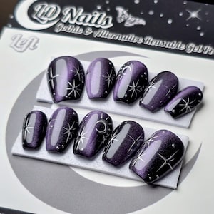 Stargazer Press On Nails: Celestial Cat Eye, Witchy Goth Reusable False Nails