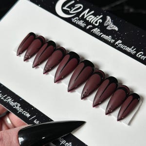 RTS Wicked 2.0 Press On Nails: Goth Burgundy Velvet Matte Moon - Small Stiletto