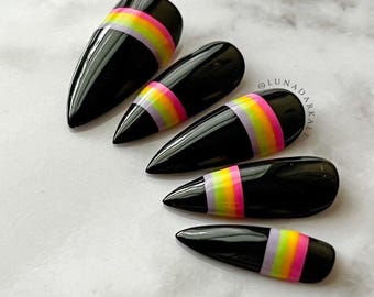 Handmade Gothic Neon Press On Nails, Dark Rainbow, Custom Reusable Black False Nails