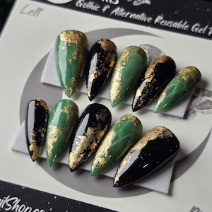 Green Quartz Press On Nails: Gothic Gold Leaf False Nails