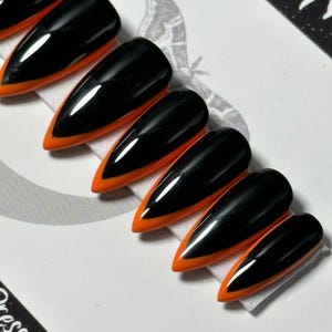 Black & Orange French Tip Press On Nails: Gothic Halloween Reusable False Nails