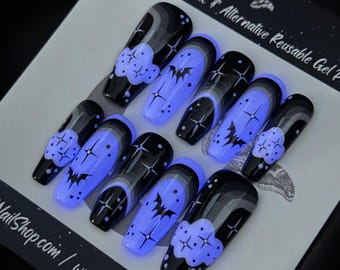 Glow Moonbow Press On Nails, Gothic Glow In The Dark Rainbow Bat Press Ons, Monochrome Goth Summer Nails