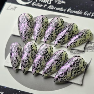 Skull Damask Press On Nails, Black and Clear Cutout Gothic Press Ons, Gothic Reusable False Nails
