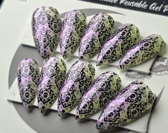 Skull Damask Press On Nails, Black and Clear Cutout Gothic Press Ons, Gothic Reusable False Nails
