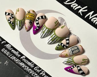 3D Gothic Press On Nails: Green, Purple, Black and White Striped, Reusable False Nails