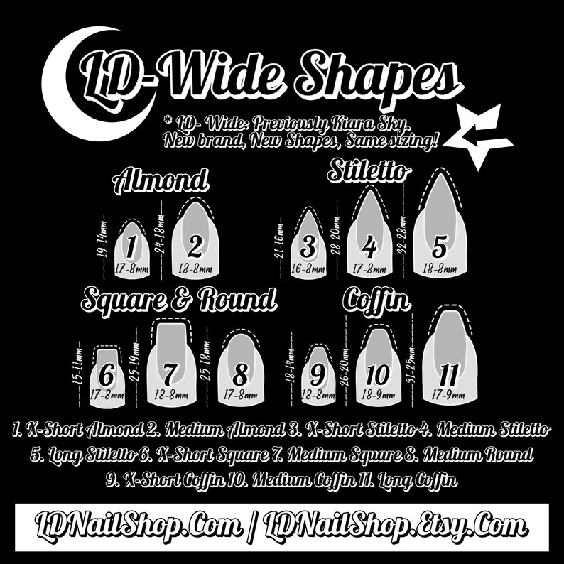 The image is a black and white advertisement for nail shapes, including almond, square, round, coffin, and long coffin sizes.