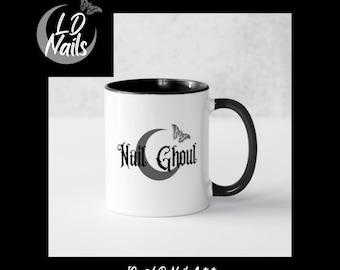 Nail Ghoul Coffee Mug, Gothic Moth and Moon Design, Goth Gifts for Nail Techs, Nail Artist Supplies
