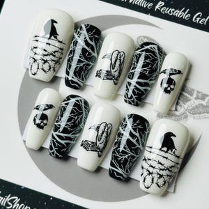 Gothic Raven Press On Nails: Black & White Witchy Reusable Nails