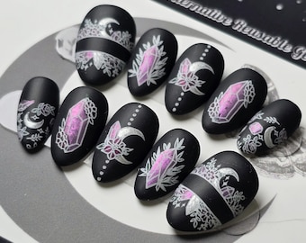 Crystal Moon Witchy Press On Nails, Black Purple Celestial Handmade Press Ons
