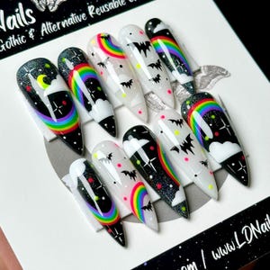 Holographische Regenbogen Fledermaus Presse auf den Nägeln, Sommer Goth Halloween, Gothic Pride Presse auf