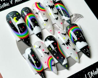 Nocturnal Rainbow Press On Nails, Holographic Neon Rainbow Bat Press Ons, Gothic Pride Nails