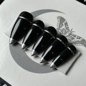 Gothic Black Press On Nails: Gilded Silver Tips, Reusable False Nails