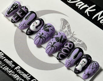 Coffin Cutie Purple Halloween Ghost Press On Nails: Spooky Gothic Reusable False Nails