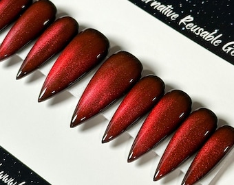 Red Velvet Cat Eye Press On Nails: Black Ombré Gothic False Nails