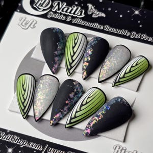 Green & Black Crystal Press On Nails: Gothic Witchy False Nails